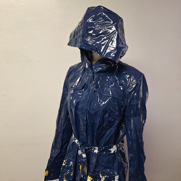 dll Rainwear Cats Dogs Jacket Blue Hooded Pockets Belt Womens Size 14 Snap - Picture 12 of 13